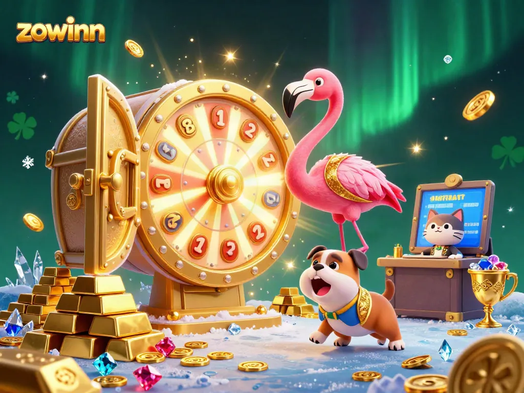 Zowinn engages players with exciting games showcased by a flamingo host spinning a prize wheel among treasures.