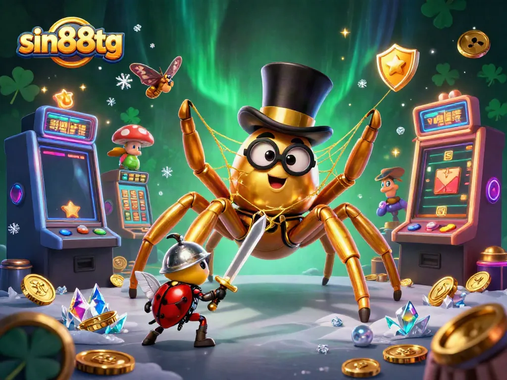 Experience the thrilling gaming atmosphere at sin88tg with a unique 3D casino scene featuring a giant tarantula, beetle knight, and vibrant slot machines.