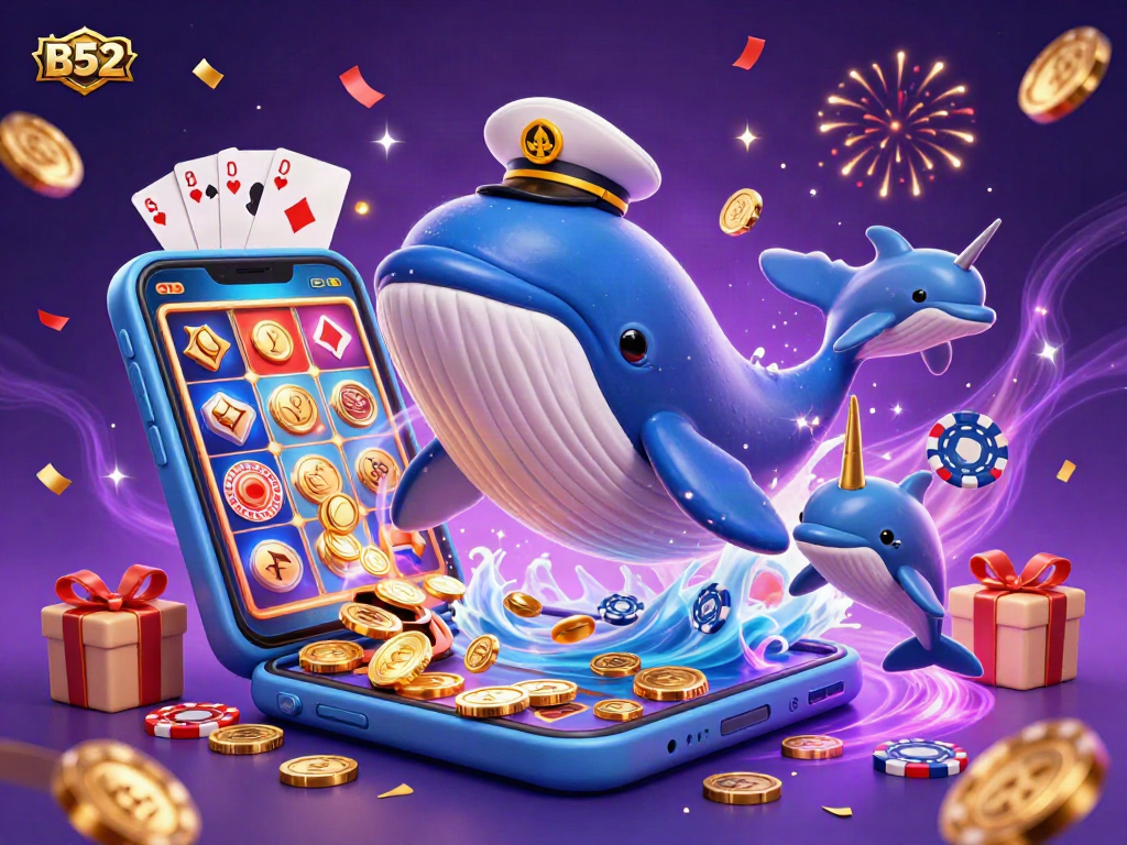 B52 casino whale breaching through coins while playful dolphins flip poker chips in a vibrant scene.