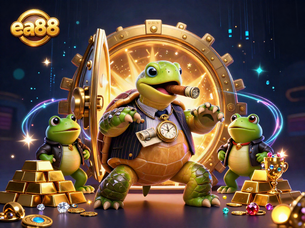 ea88 presents a vibrant casino scene with a mobster turtle and frog enforcers surrounded by treasure.