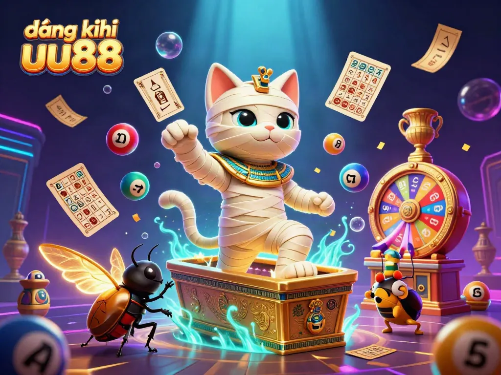 Engage in the excitement of đăng ký uu88 with a vibrant casino scene featuring a mummy cat and a scarab beetle.