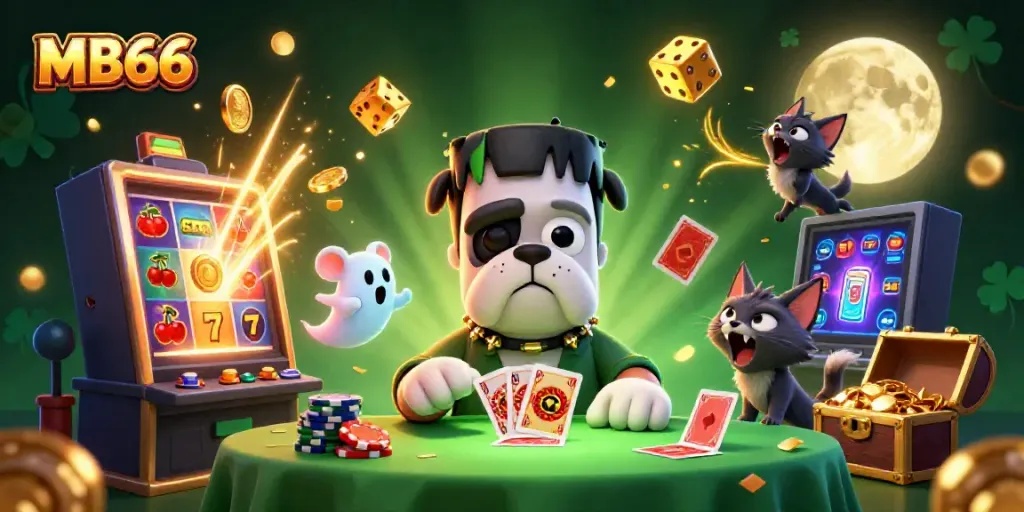 Experience the thrill of MB66 with an illustrated casino scene featuring unique characters and stellar game elements.