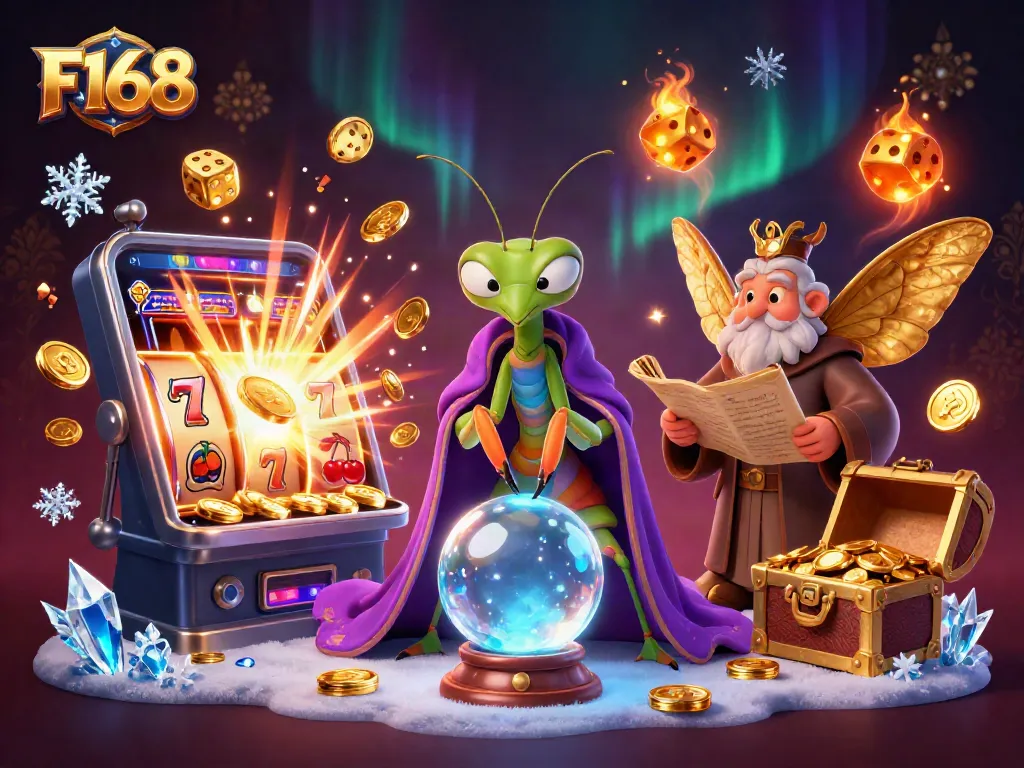 Spin and win at F168's dynamic gaming scene with fortune teller and moth librarian.