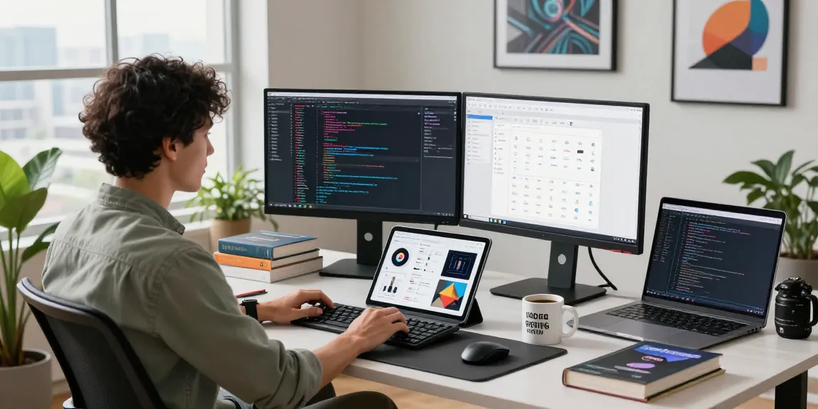 Developer at stylish desk coding for the WPS Official Website in a vibrant tech workspace.