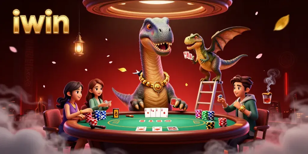 iwin showcases a whimsical casino scene with a brontosaurus and clever raptor dealing cards.