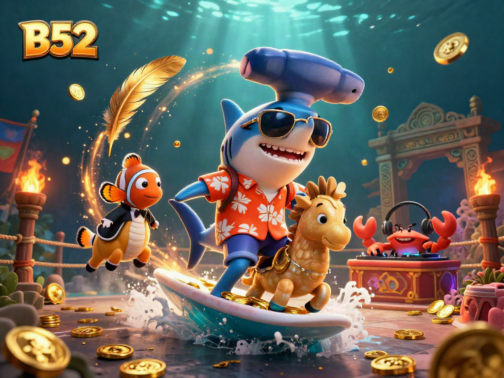 Experience the thrill of B52 with a dynamic casino-inspired ocean scene featuring fun characters and gold coins.