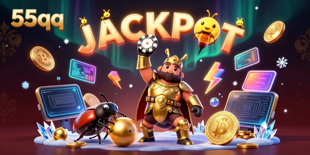 Join the victory of 55qq as the gladiator beetle lifts a poker chip, celebrating jackpots!